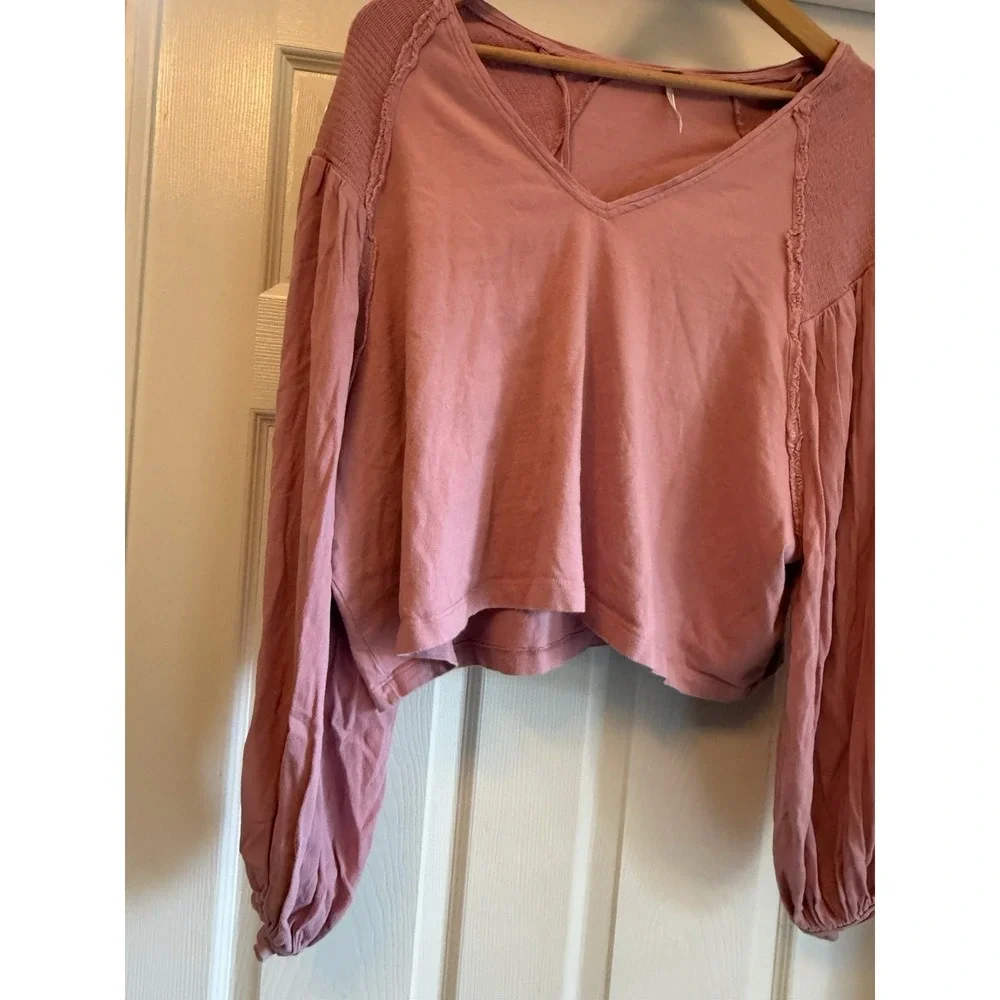 Free People Arlo Top Women Medium Pink Balloon Sleeve Boho Cropped OB1783469